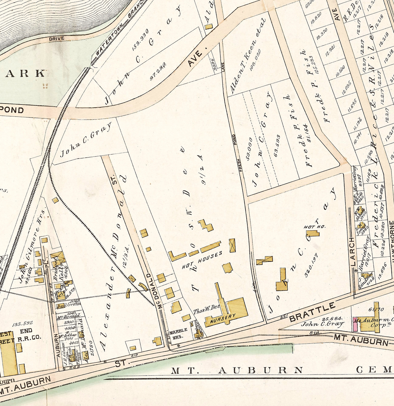 1894 Cambridge atlas showing McDonald Street and Fresh Pond Lane.