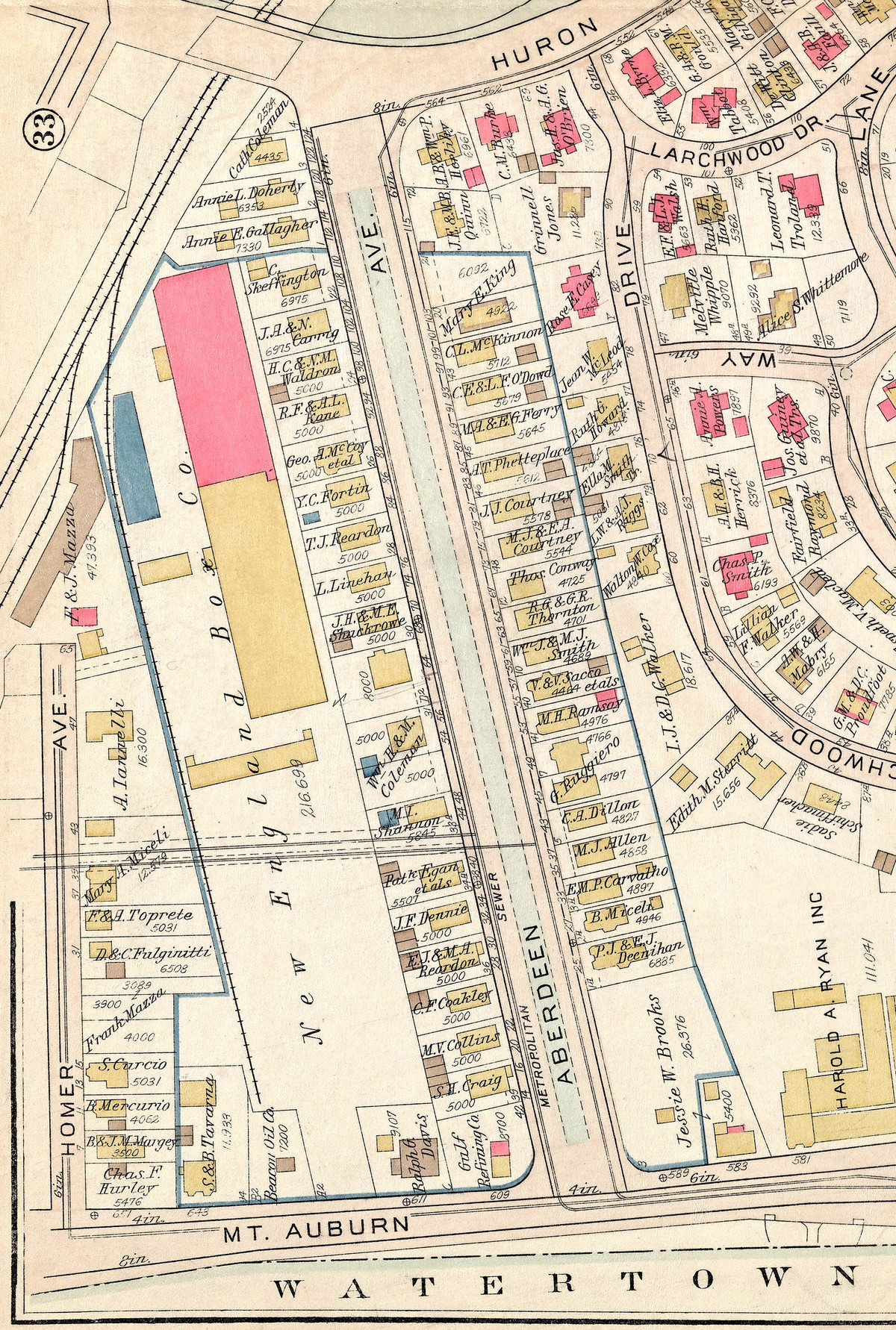 1930 Cambridge atlas showing the new Atwood &amp; McManus factory building (in pink).